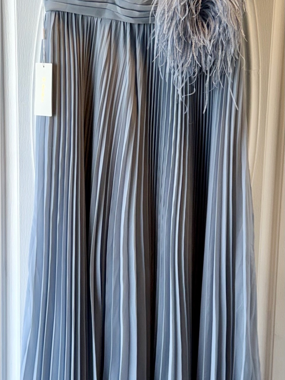 Light Gray Pleated Wedding Dress with Feather Detail